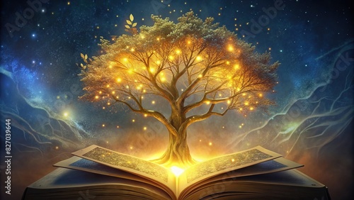 Golden tree growing from an old book representing education and knowledge