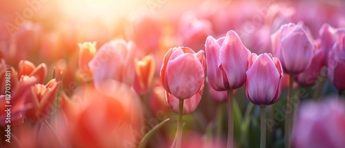 Amazing white, red, pink tulip flowers blooming in a tulip field, against the background of blurry tulip flowers in the sunset light. Fresh bright yellow spring tulips, Bouquet of spring tulips