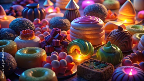 Close-up of assorted sweets and pastries glowing in soft light photo