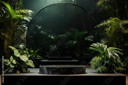 Product display. empty marble podium display stand for product display with green foliage. © kitipol