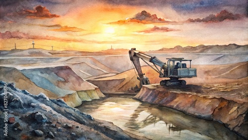 Excavator digging ore in an open pit mining quarry during sunset photo
