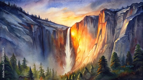 Horse tail waterfall in Yosemite National Park glowing in sunset light in February, Firefall, California, USA, watercolor painting photo