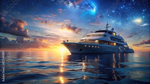 Luxury yacht floating on the ocean with a stunning summer ocean view photo