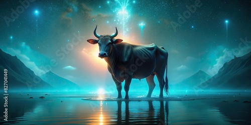 Cow standing in water, tilting head to the side, with a glowing effect photo