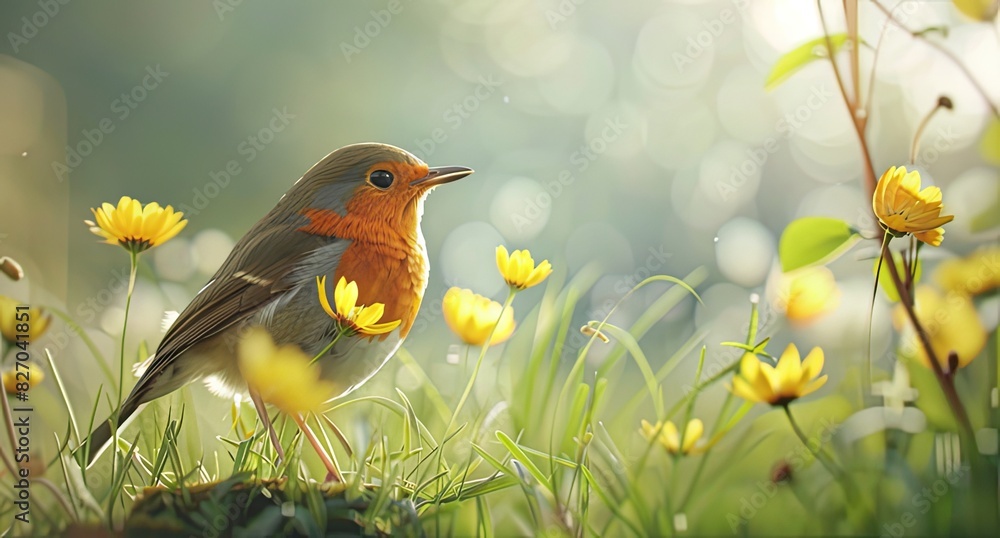 Curious Little Bird Observing the Sky from a Lush Bush with Yellow Blooms - A Glimpse into the Serenity of Nature Curious Little Bird Observing the Sky from a Lush Bush with Yellow Blooms - A Glimpse into the Serenity of Nature