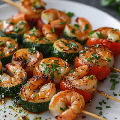 a healthy yet sumptuous serving of grilled shrimp skewers marinated to perfection, infused with herbs and spices alongside with capsicum, onions and sprinkled with seasoning for taste