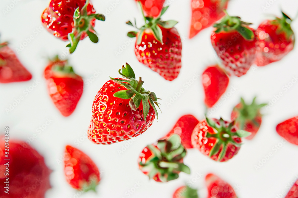 A bunch of red strawberries are flying through the air A bunch of red strawberries are flying through the air