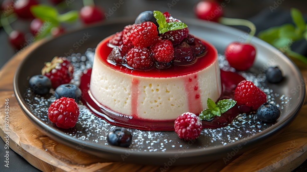 Photo of Panna Cotta with Blueberry Bride on plate. Black background. The pudding is white and smooth, and the sauce around it has a dark red color from blueberries. Slightly creamy texture. Photo of Panna Cotta with Blueberry Bride on plate. Black background. The pudding is white and smooth, and the sauce around it has a dark red color from blueberries. Slightly creamy texture.