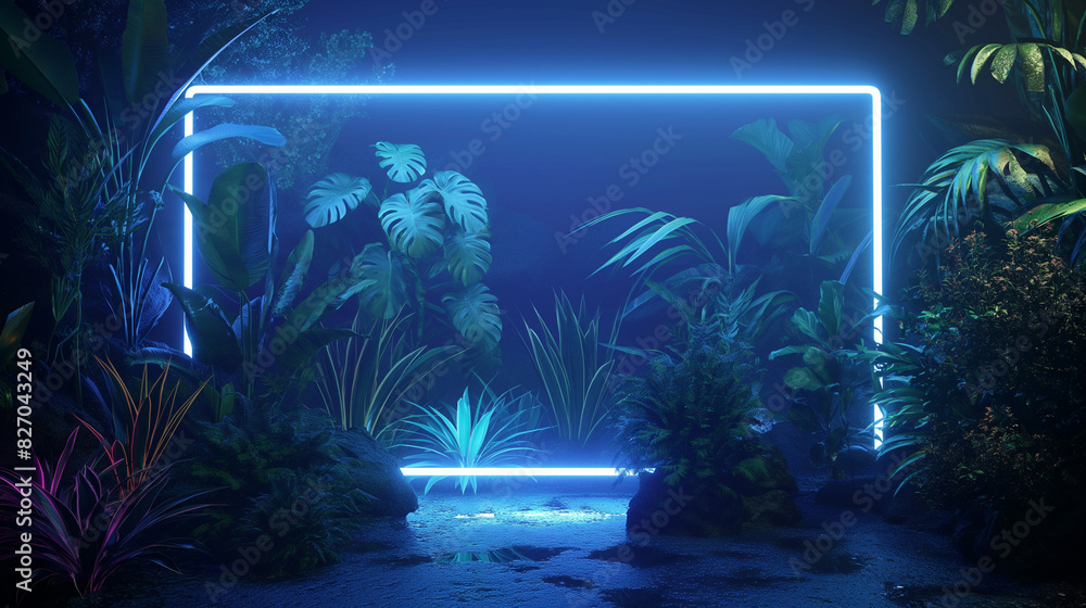 Fototapeta premium A glowing blue rectangular frame on empty digital background with plants and trees. The frame is illuminated in neon light, creating an atmosphere reminiscent of cyberpunk or futuristic design