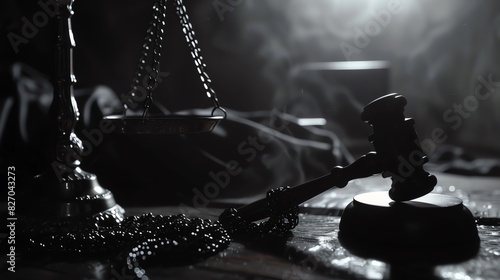 Dramatic black and white image of a judge's gavel and scales of justice, symbolizing law and legal authority in a courtroom setting. photo