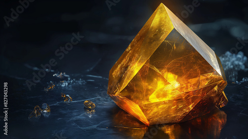 A glowing yellow crystal in the shape of an octahedron, in the fantasy game style, on a dark background