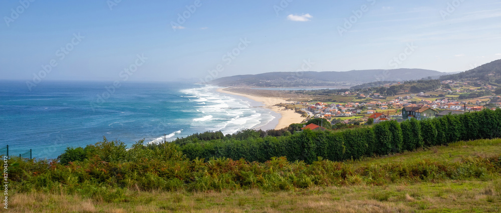 Panoramic view of the coast of Galicia with the town of Arnados and beaches. Spain