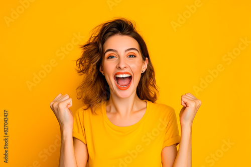 A woman in a yellow shirt is smiling and raising her hands in the air photo