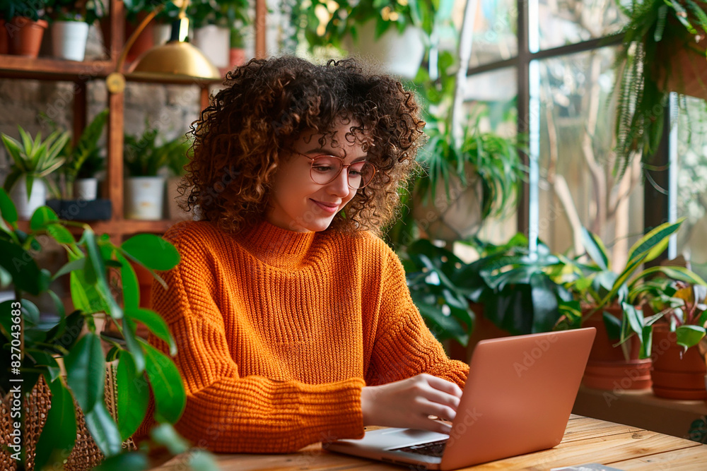 A woman with curly hair is sitting at a table with a laptop in front of her A woman with curly hair is sitting at a table with a laptop in front of her