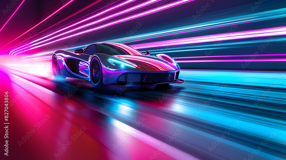 Futuristic Sports Car On Neon Highway. Powerful acceleration of a supercar with colorful lights trails Futuristic Sports Car On Neon Highway. Powerful acceleration of a supercar with colorful lights trails