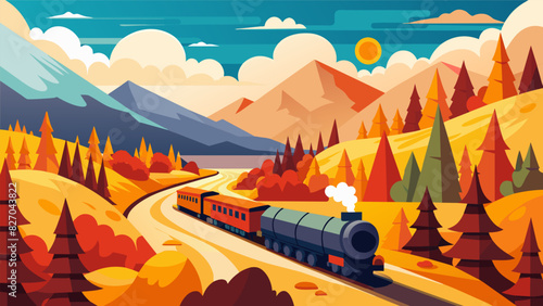 Against a backdrop of vivid fall foliage a train loaded with oil barrels makes its way along a winding track through a picturesque valley its cargo. Vector illustration