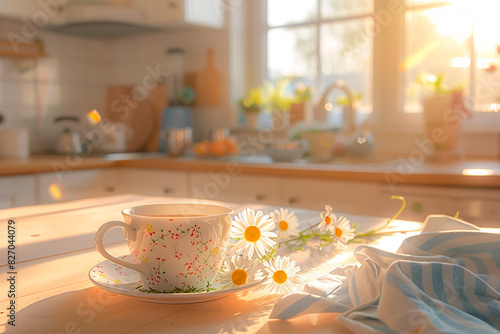 A white cup with a flower on it sits on a wooden table