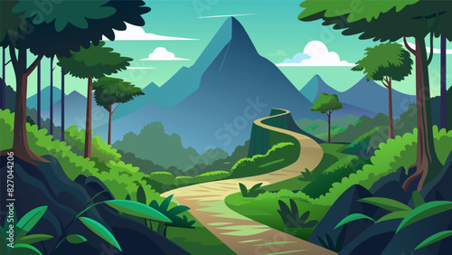 A winding path through a dense rainforest leads you to the base of a towering VR mountain setting the stage for a challenging yet rewarding climb.. Vector illustration
