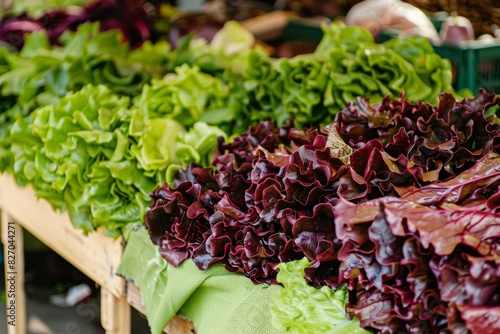 Fresh green and red lettuce at a market stall photo