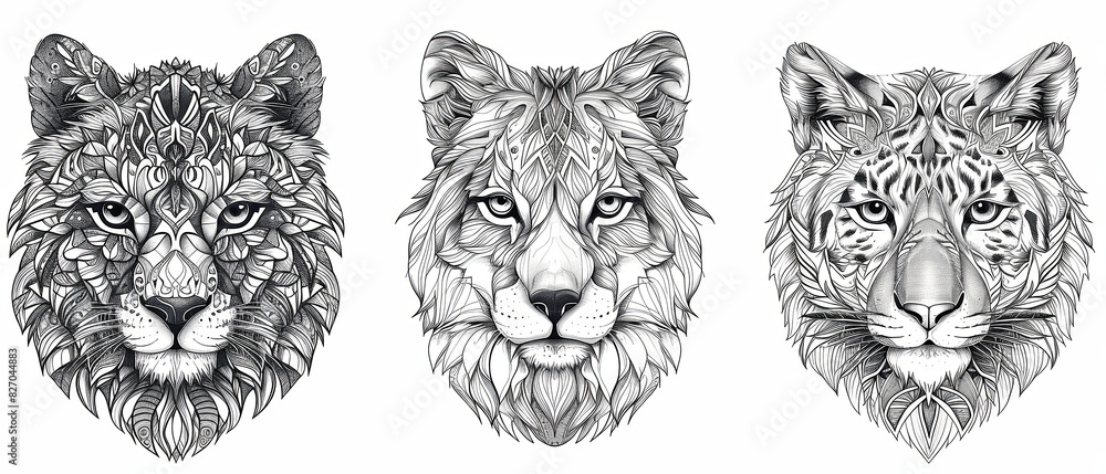 Fototapeta Wild lion and tiger Head Illustration. coloring book pages mandala animals beautiful art