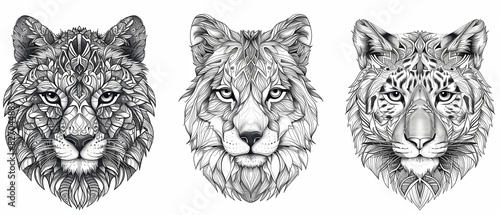 Fototapeta Naklejka Na Ścianę i Meble -  Wild lion and tiger Head Illustration. coloring book pages mandala animals beautiful art