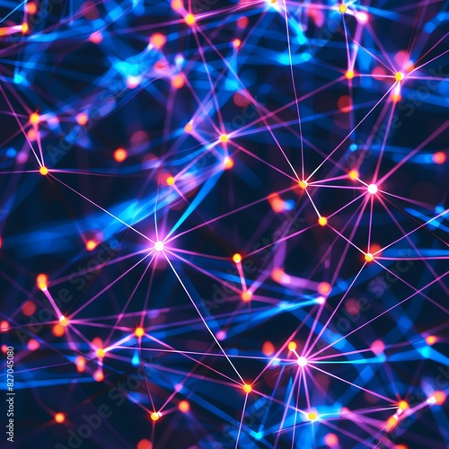 Abstract network of connected dots and lines with vibrant lights illustrating technology and communication concepts.