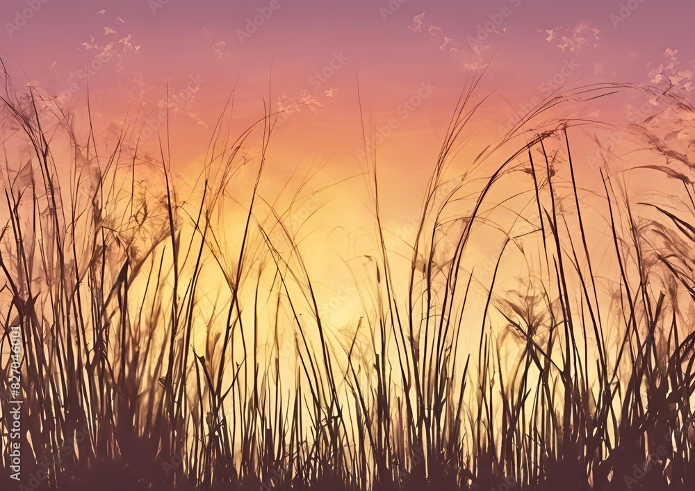 A Close-Up of a Small Grass Stem with a Sunset Over a Calm Sea, as the Sun Descends Below the Horizon. Featuring Soft Pastel Watercolor Tones in Pink and Purple. A Close-Up of a Small Grass Stem with a Sunset Over a Calm Sea, as the Sun Descends Below the Horizon. Featuring Soft Pastel Watercolor Tones in Pink and Purple.