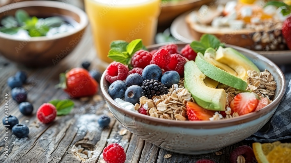 A nutritious breakfast spread featuring a bowl of Greek yogurt topped with fresh berries, a plate of whole grain toast with avocado slices, and a glass of orange juice, all arrange A nutritious breakfast spread featuring a bowl of Greek yogurt topped with fresh berries, a plate of whole grain toast with avocado slices, and a glass of orange juice, all arrange