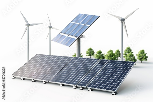 Realistic photograph of a complete Renewable energy sources,solid stark white background, focused lighting