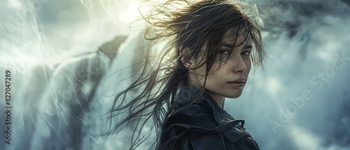 Against the backdrop of a cascading waterfall, a portrait showcases the raw beauty of a woman, her hair gently tousled by the breeze, her expression radiating a sense of awe