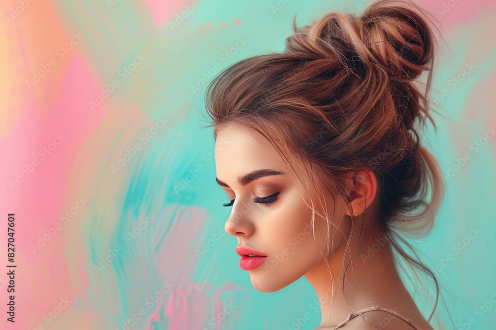 Fototapeta premium illustration of a woman with messy bun hair, pastel background