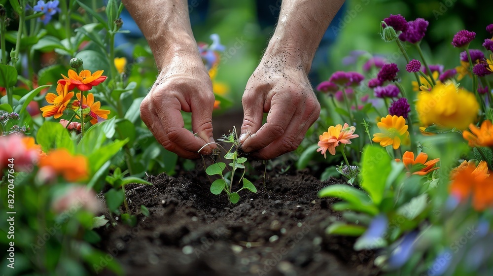 Close-up of hands gently removing weeds from a garden bed, with colorful flowers and plants in the background, emphasizing the importance of weed control in gardening.