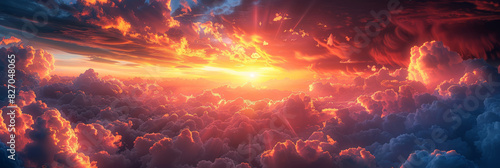 Stunning sunset above clouds with vibrant colors  breathtaking view of the sky painted with warm hues of orange  pink  and gold  capturing the beauty of nature in a heavenly scene 