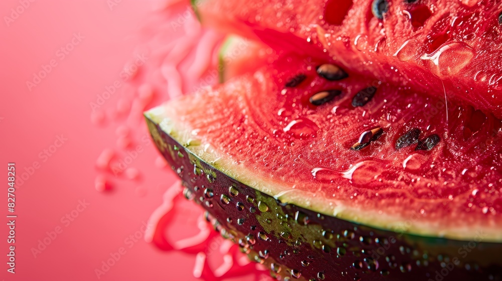 Close-up of fresh, juicy watermelon slices with vibrant red and green colors, showcasing droplets of water against a pink background. Close-up of fresh, juicy watermelon slices with vibrant red and green colors, showcasing droplets of water against a pink background.