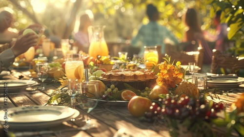 featuring a table laden with classic American cookout fare  including apple pie and lemonade  framed by soft-focus guests enjoying the meal  Memorial Day  Independence Day  with co