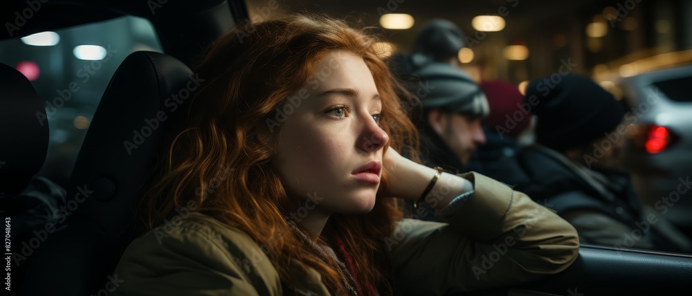 Fototapeta premium Pensive woman with red hair looking out car window, illuminated by city lights. Urban scene, capturing feelings of contemplation and melancholy.