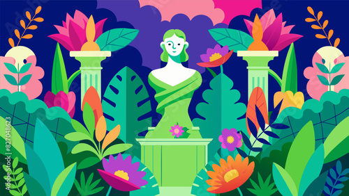 The lush greenery and vibrant flowers that surround the sculptures offer a colorful and vibrant backdrop for your inner reflections.. Vector illustration