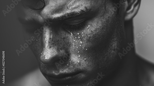 A man with wet hair and a face covered in water droplets