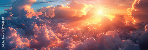 Stunning sunset above clouds with vibrant colors, breathtaking view of the sky painted with warm hues of orange, pink, and gold, capturing the beauty of nature in a heavenly scene 