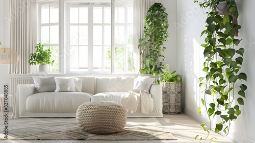 bright and airy living room , lush pothos houseplant