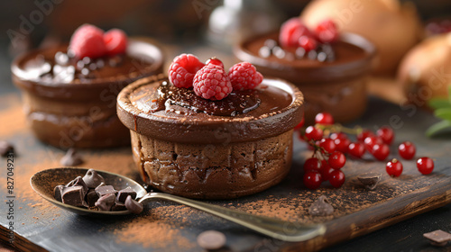 Chocolate souffle in earthenware brown dish  photo