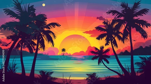 Illustrate a vector graphic of a beach scene with a gradient sunset  featuring silhouettes of palm trees against the colorful sky