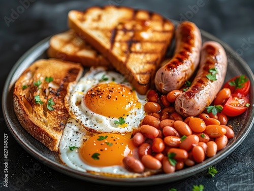 traditional English breakfast artfully arranged on a grey ceramic plate. The plate features perfectly cooked eggs with bright, runny yolks, accompanied by crispy toast slices.