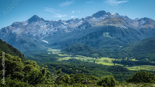 Majestic mountain range towering against a clear blue sky  with lush green valleys stretching into the distance.