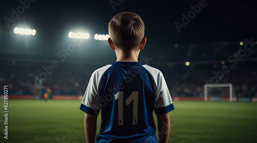 Portrait rear view of A young child soccer player standing ready on field, night environment at stadium 