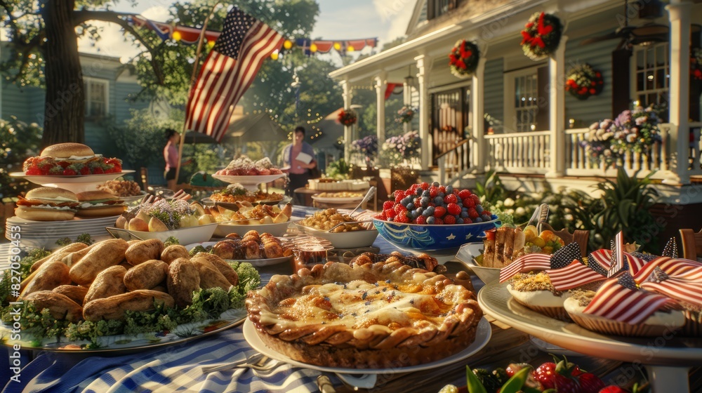 showing a table laden with traditional American fare, adorned with red, white, and blue decorations, while guests serve themselves in a festive outdoor setting, Memorial Day, Indep