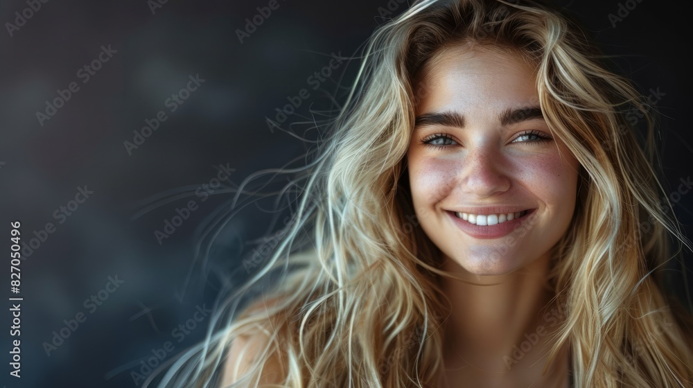 Smiling woman with long blonde hair in a studio portrait Smiling woman with long blonde hair in a studio portrait