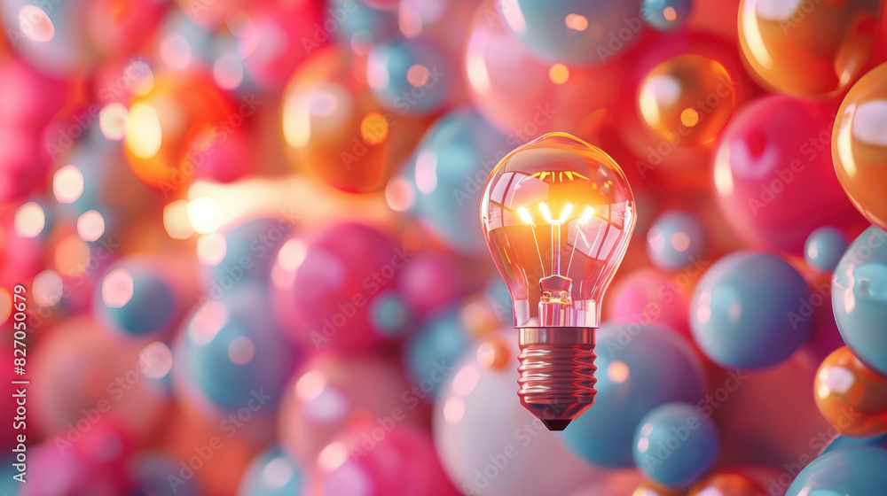 A light bulb is floating in a sea of colorful balloons. Concept of creativity and playfulness, as the light bulb stands out against the vibrant background A light bulb is floating in a sea of colorful balloons. Concept of creativity and playfulness, as the light bulb stands out against the vibrant background