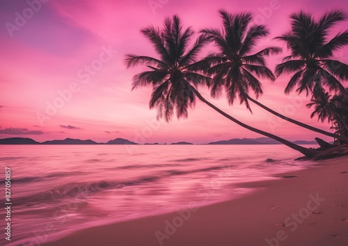 A Stunning Sunset at a Tropical Beach  Complete with Palm Trees and a Pink Sky  Offering the Perfect Setting for Travel and Vacation Relaxation during the Holidays.