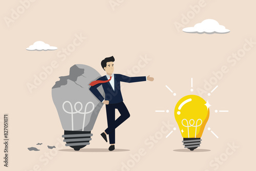 Failure to success, learning from mistakes, attempt to create new innovation, businessman finding bright light bulb idea.